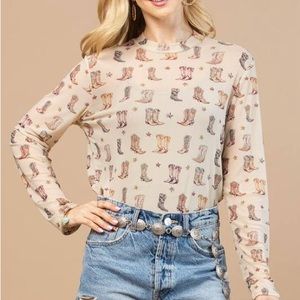 Western Boots Print Mesh Long Sleeve Shirt